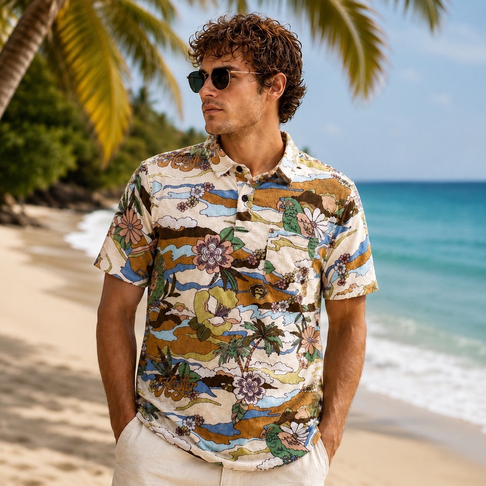 Howler Brothers Plusherman Terry Polo Shirt Mens M Tropical Parrot Floral Surf